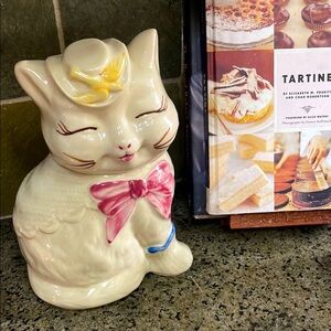 Vintage Shawnee Pottery Puss Boots Cat Cookie Jar with Pink Bow
